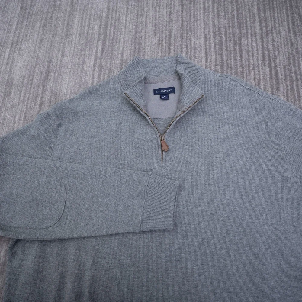 Lands End Mens XXL Gray 100% Cotton Quarter Zip Sweater Elbow Patches 50-52